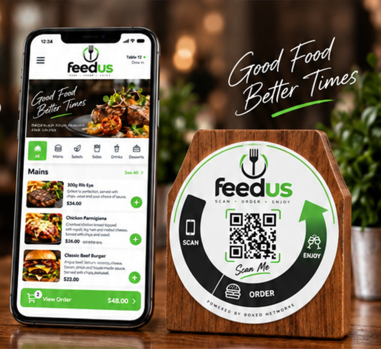 FeedUs mobile ordering menu beside a FeedUs table QR tag