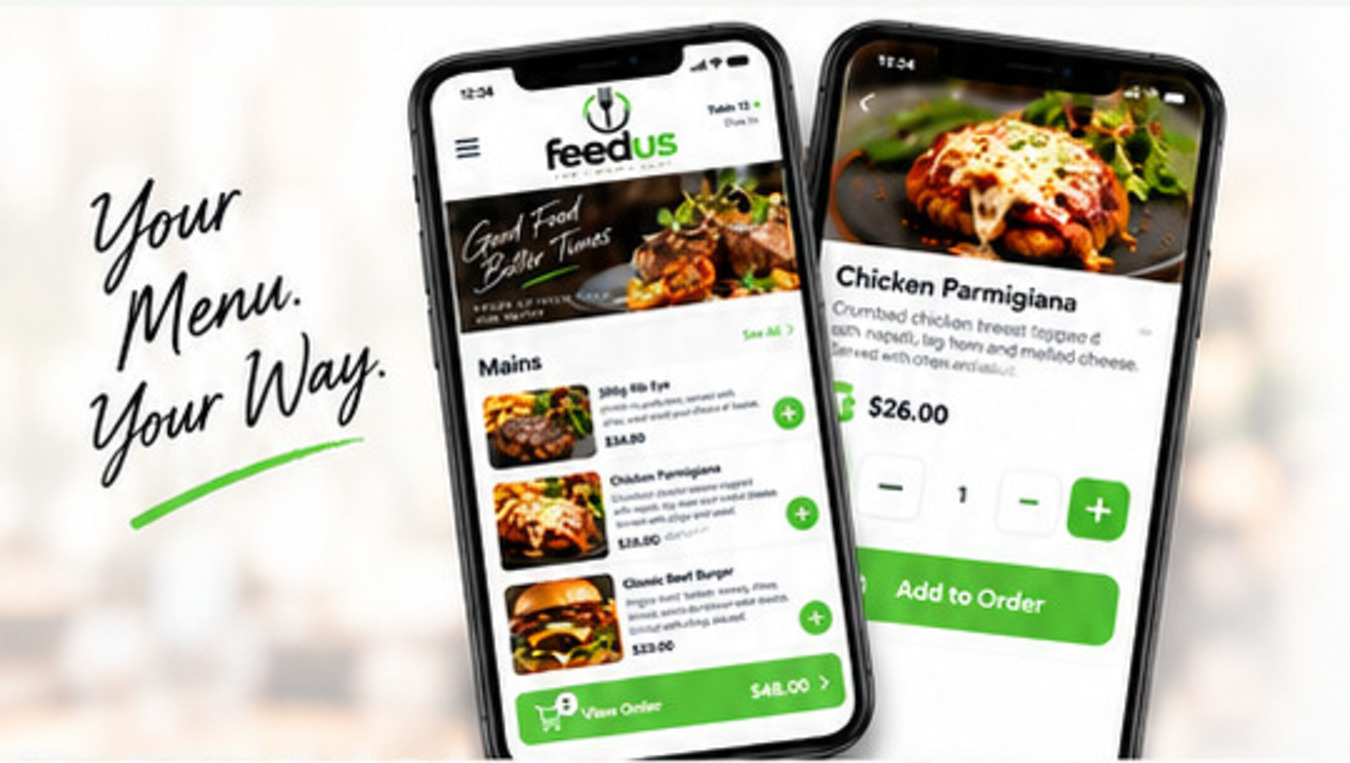 FeedUs branded digital menu shown on mobile phones