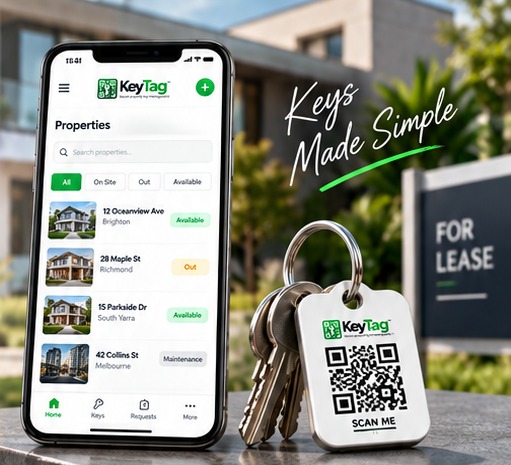KeyTag mobile key management interface with property keys and QR tag